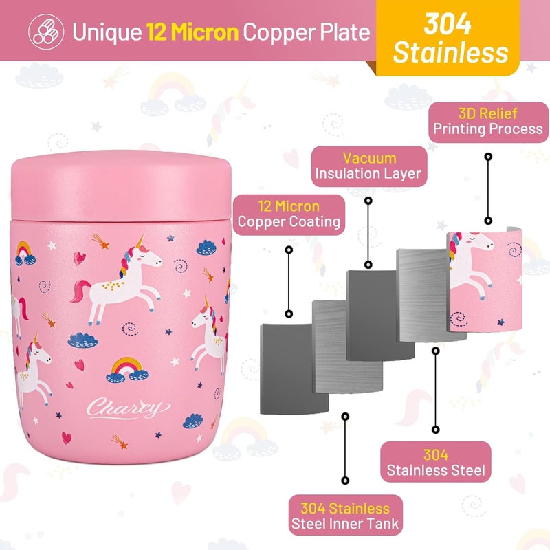 Charcy 9oz Stainless Steel Vacuum Insulated Kids Food Jar - Soup Thermo for Hot & Cold Food - Pink Unicorn W - Image 3